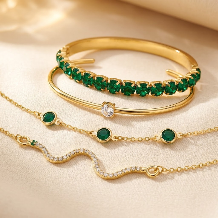 Conjunto de Pulseiras de Ouro e Esmeralda