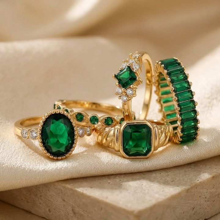 Conjunto de Anéis de Ouro com Esmeralda