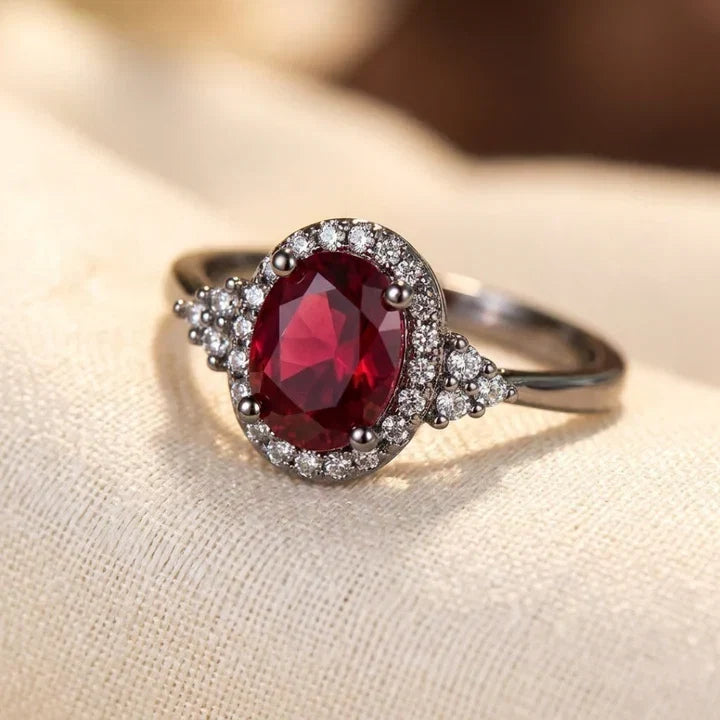 Anel Halo de Rubi Prateado
