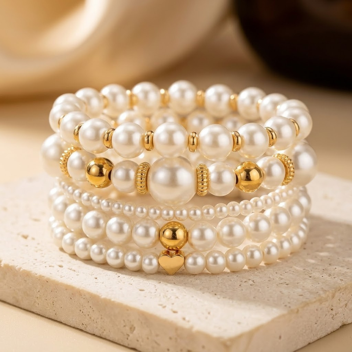 Conjunto de Pulseiras de Pérolas Douradas