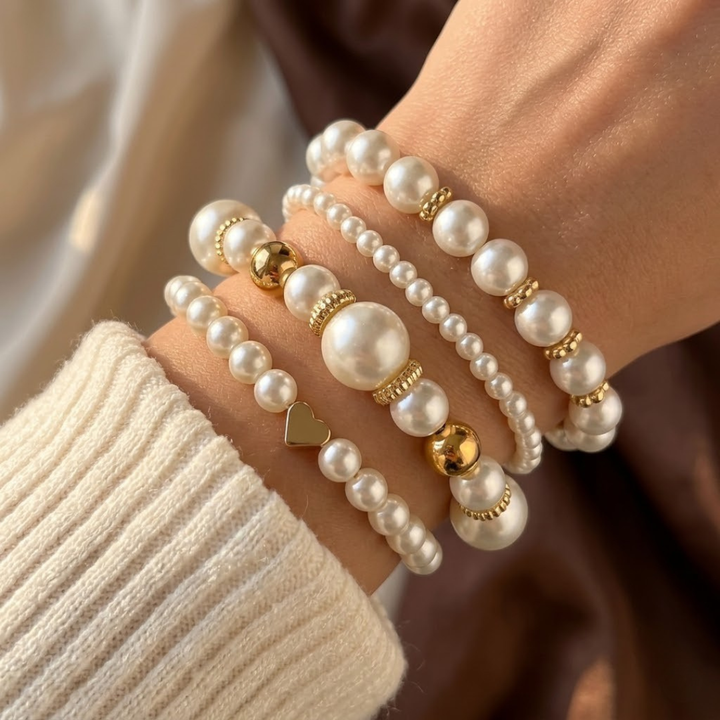 Conjunto de Pulseiras de Pérolas Douradas