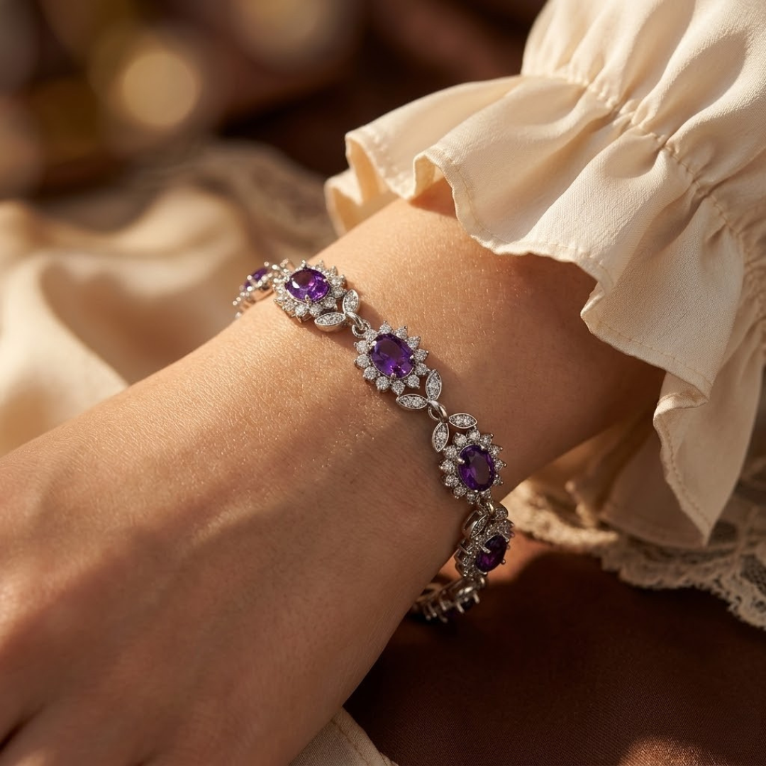 Pulseira Floral de Ametista Prateada