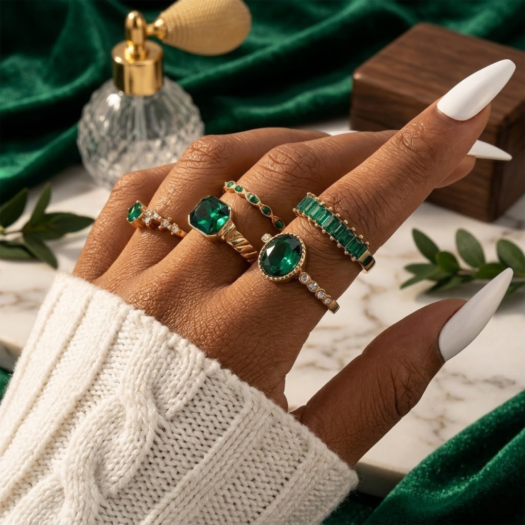Conjunto de Anéis de Ouro com Esmeralda