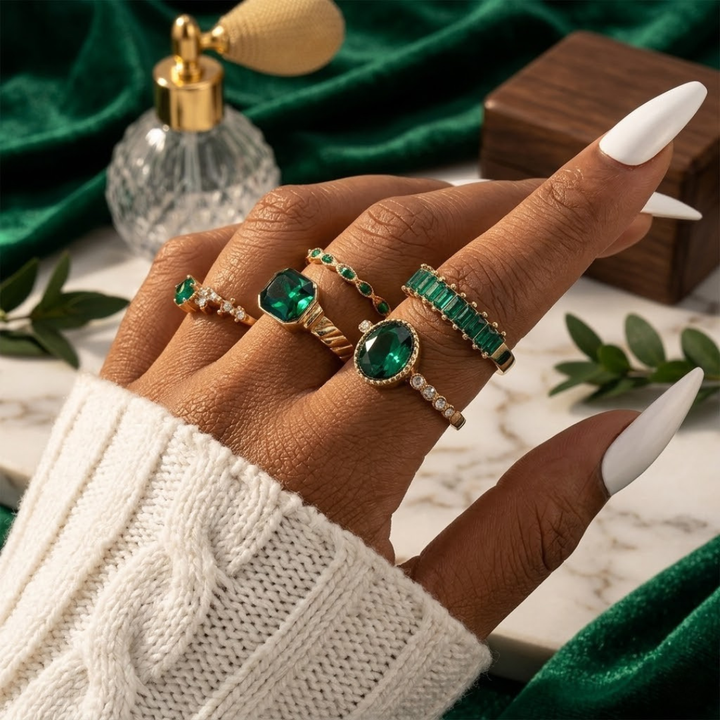 Conjunto de Anéis de Ouro com Esmeralda
