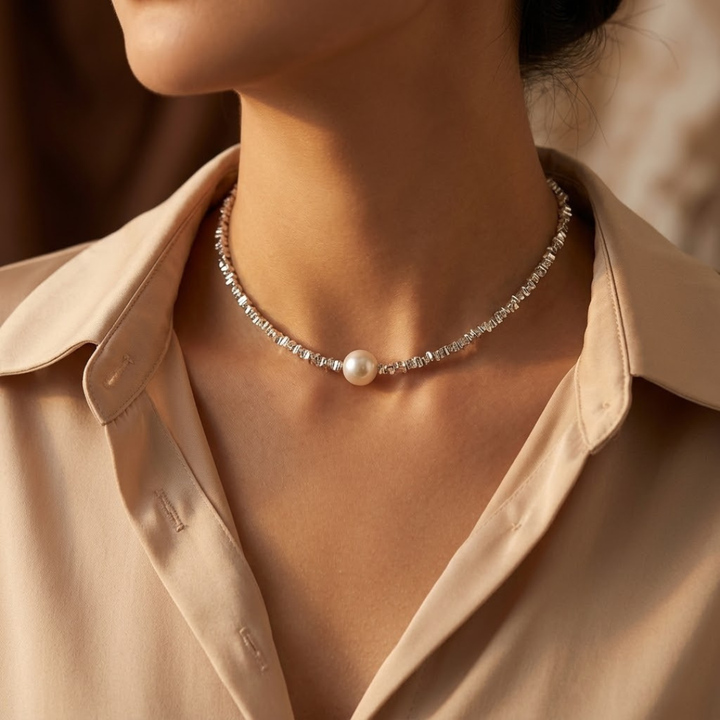 Colar Choker Minimalista em Prata com Pérola