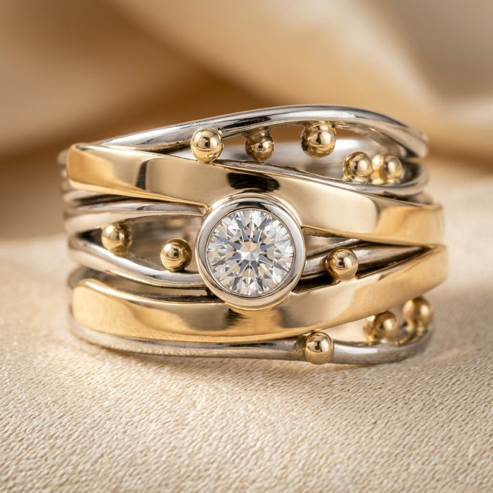 Anel Envolvente com Bezel em Prata e Ouro