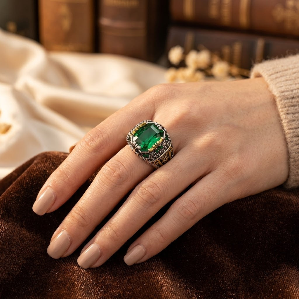Anel Vintage de Prata com Esmeralda