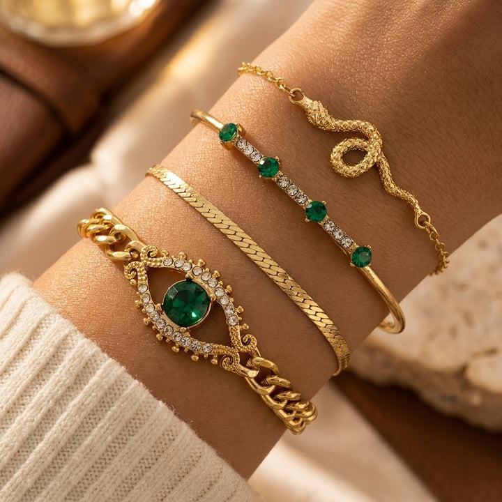Conjunto de Pulseiras de Charme em Ouro e Esmeralda