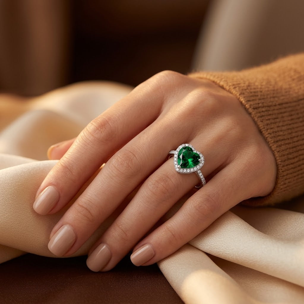 Anel Halo em Prata com Coração de Esmeralda