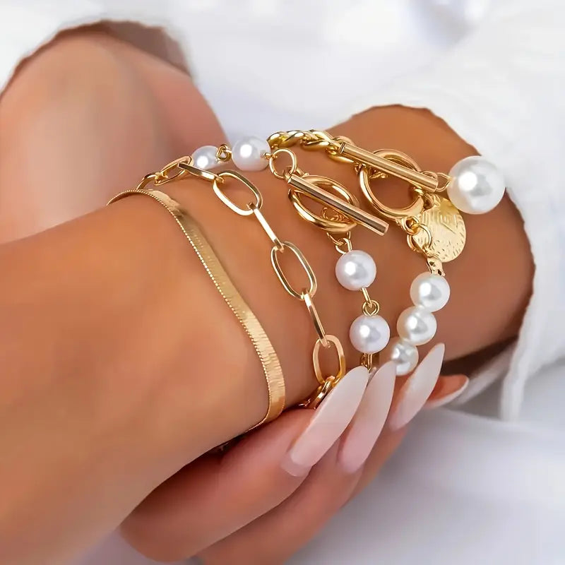 Conjunto de Pulseiras Chic em Ouro – Cobra, Pérolas e Elos | Ouro