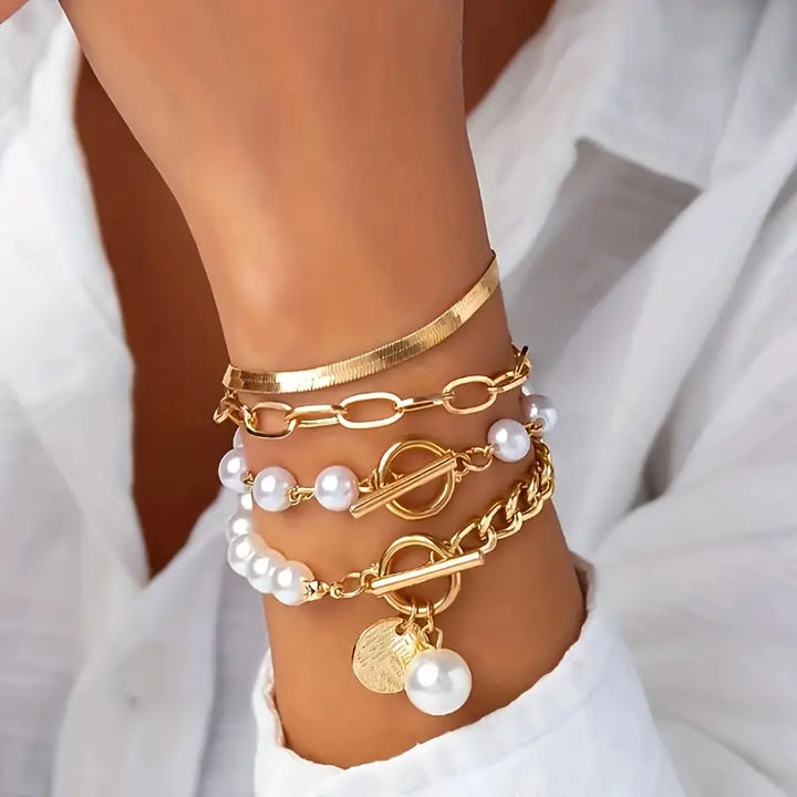 Conjunto de Pulseiras Chic em Ouro – Cobra, Pérolas e Elos | Ouro