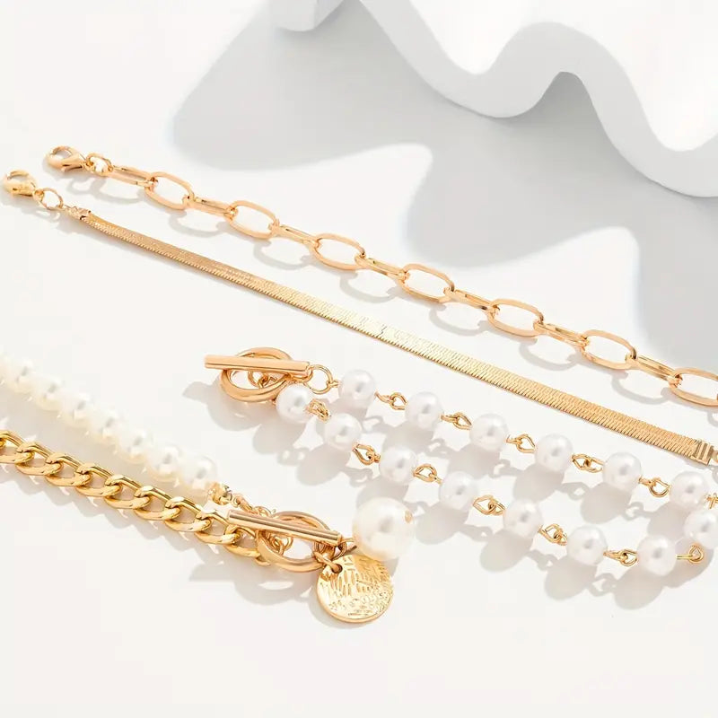 Conjunto de Pulseiras Chic em Ouro – Cobra, Pérolas e Elos | Ouro