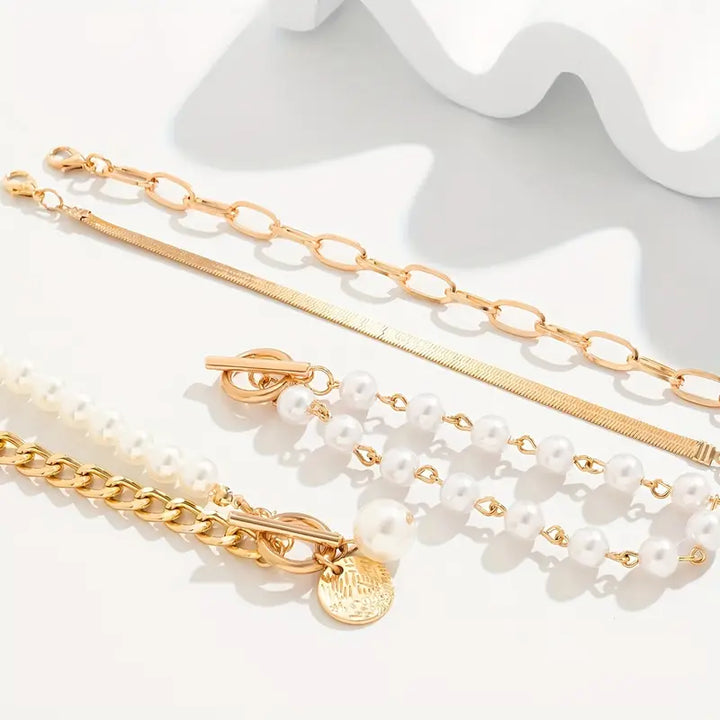 Conjunto de Pulseiras Chic em Ouro – Cobra, Pérolas e Elos | Ouro