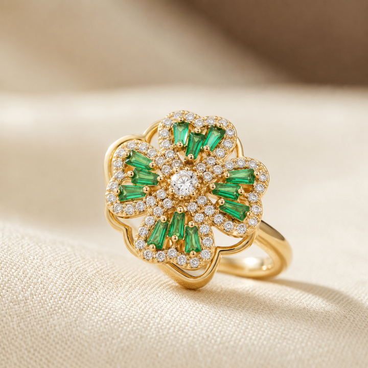 Anel Floral de Ouro e Esmeralda