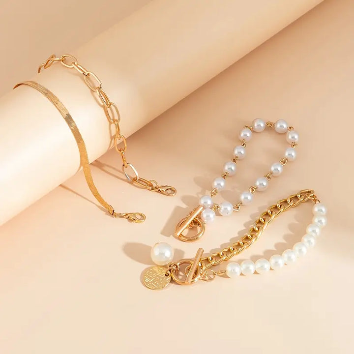 Conjunto de Pulseiras Chic em Ouro – Cobra, Pérolas e Elos | Ouro