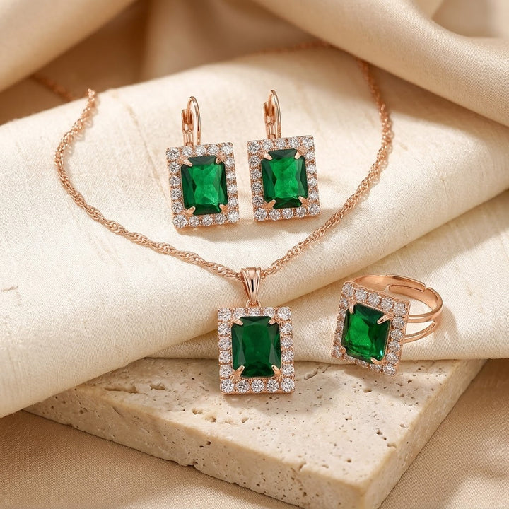 Conjunto de Joias Retangulares em Ouro e Esmeralda