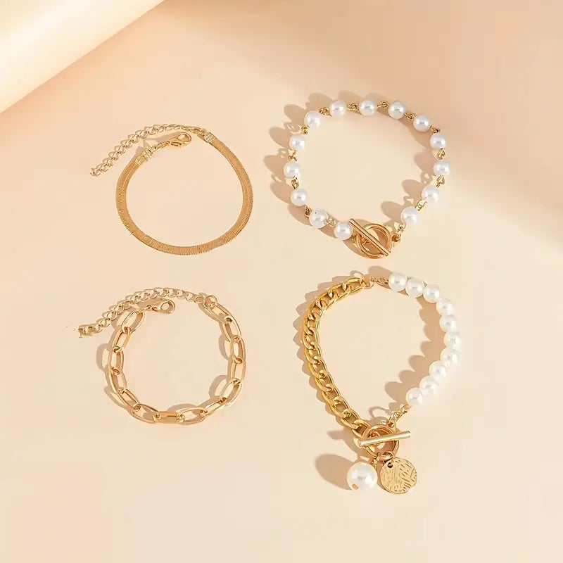 Conjunto de Pulseiras Chic em Ouro – Cobra, Pérolas e Elos | Ouro