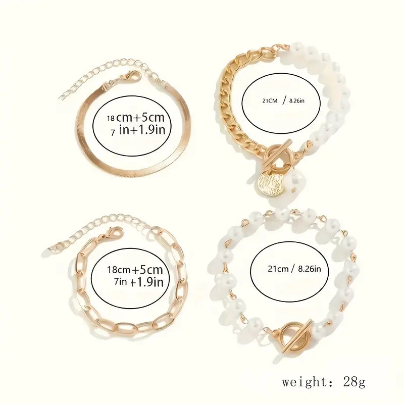 Conjunto de Pulseiras Chic em Ouro – Cobra, Pérolas e Elos | Ouro