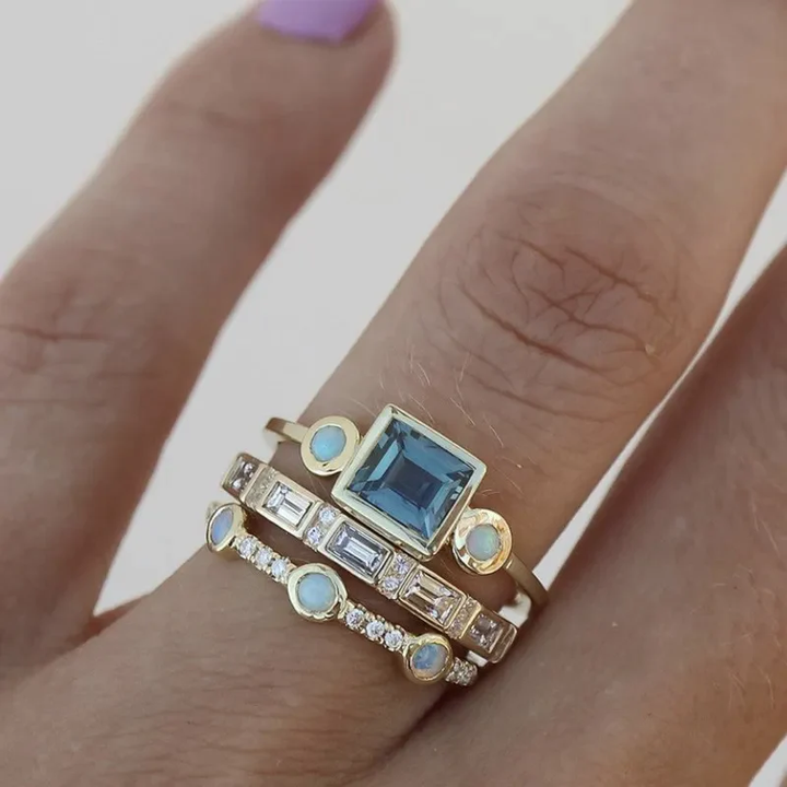 Ocean - Conjunto de Anéis de Cristal Azul Vintage