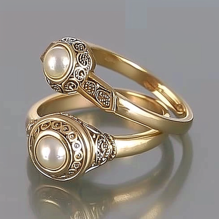 Conjunto de Anéis de Ouro com Pérola Incrustada Vintage