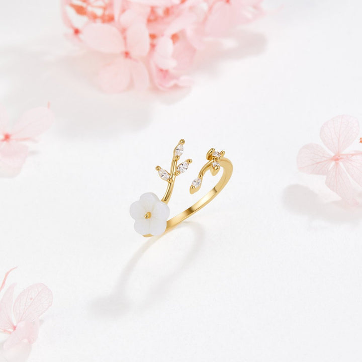 Anel Aberto Dourado com Flores e Folhas